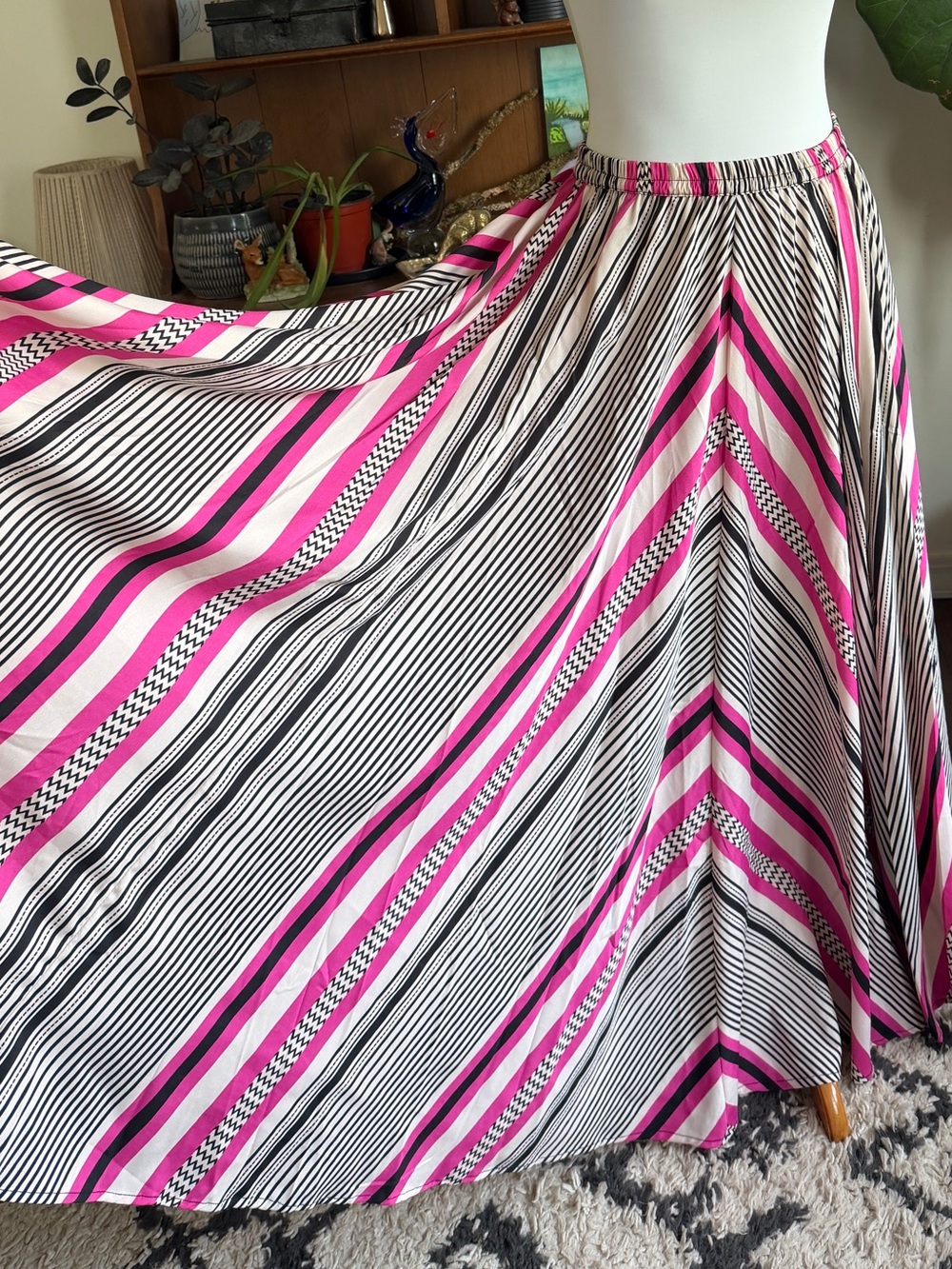 Lucky & CoCo Pink, Cream, Black Striped Modern Maxi Skirt Full Twirl S